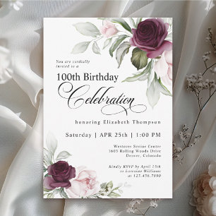 Elegant Watercolor Floral 100th Birthday Invitation