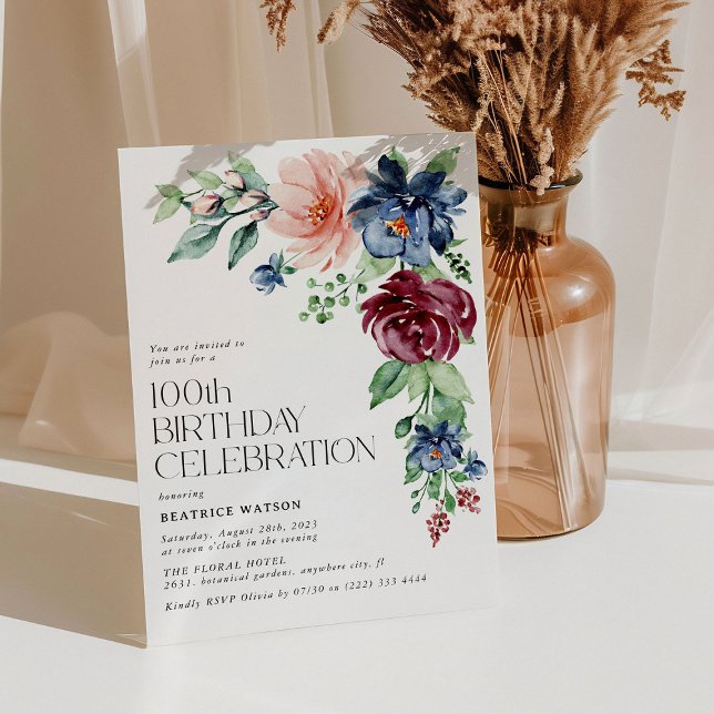 Elegant Watercolor Floral 100th Birthday  Invitation (Creator Uploaded)