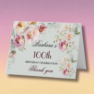Elegant Watercolor Floral 100th Birthday Party  Thank You Card