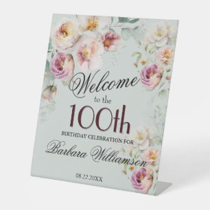 Elegant Watercolor Floral 100th Birthday Welcome  Pedestal Sign