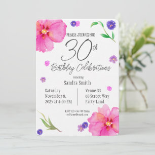 Elegant Watercolor Floral 30th Birthday Invitation