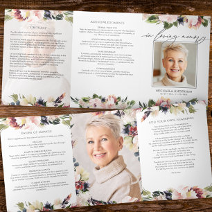 Elegant Watercolor Floral 3-Photo Funeral/Memorial Tri-Fold Programme