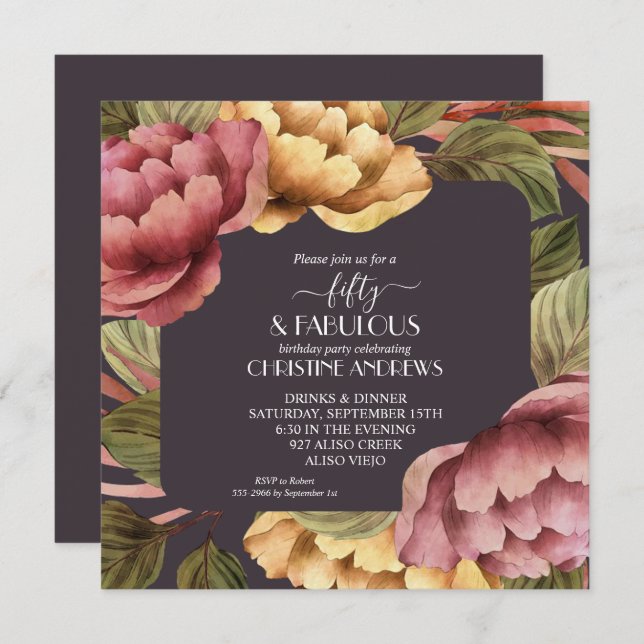 Elegant Watercolor Floral 50th Birthday Party Invitation (Front/Back)