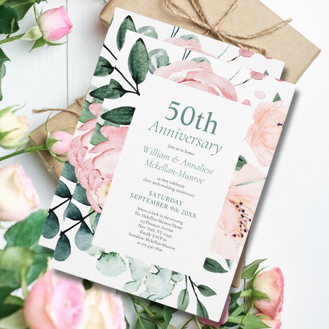 Elegant Watercolor Floral 50th Wedding Anniversary Invitation (Creator Uploaded)