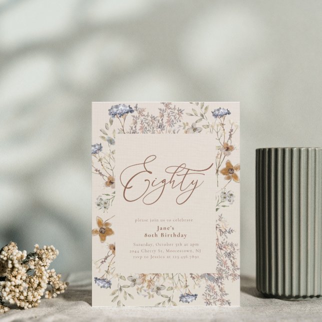 Elegant Watercolor Floral 80th Birthday Invitation (Creator Uploaded)