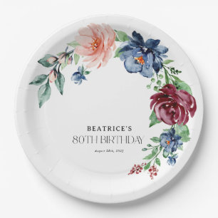 Elegant Watercolor Floral 80th Birthday  Paper Plate