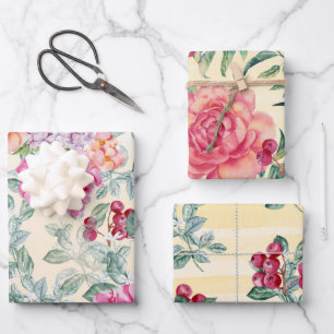 Elegant Watercolor Floral and Berries Assorted Wrapping Paper Sheet