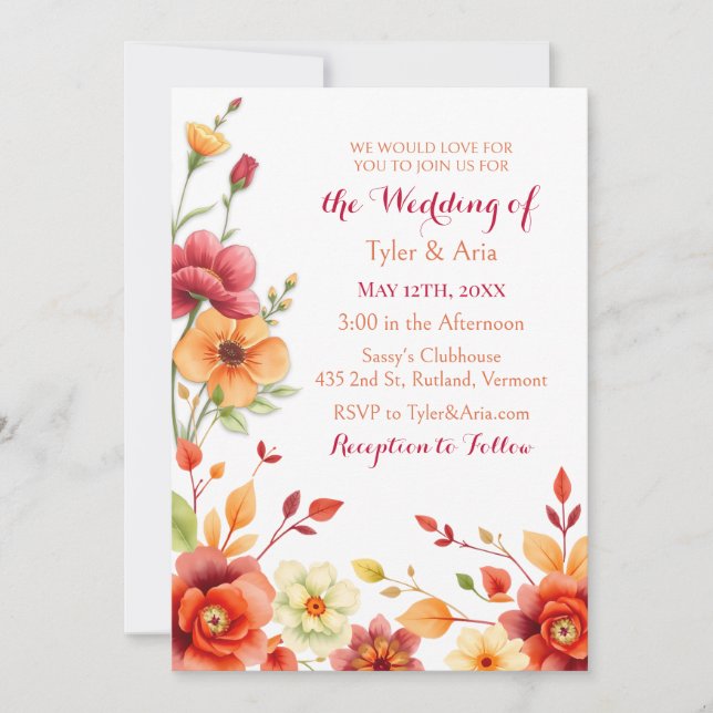 Elegant Watercolor Floral Autumn Wedding Invitation (Front)