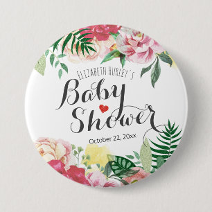 Elegant Watercolor Floral Baby Shower Pinback 3 Inch Round Button