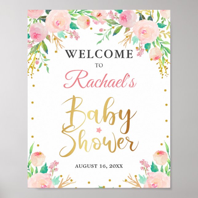 Elegant Watercolor Floral Baby Shower Welcome Sign (Front)
