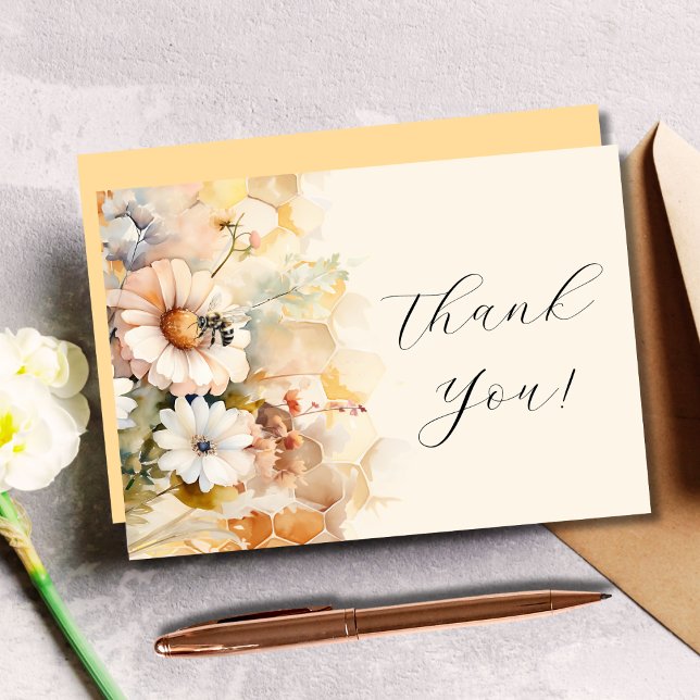Elegant Watercolor Floral Bee Flat Thank You Card (Creator Uploaded)