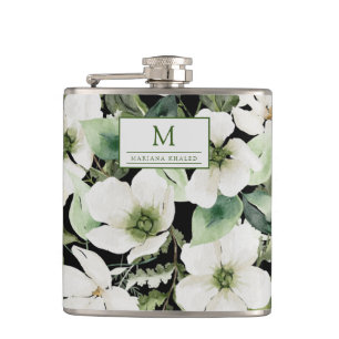 Elegant watercolor floral black and white hip flask