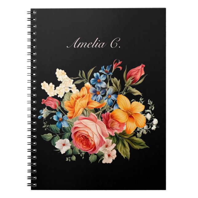 Elegant Watercolor Floral Black Notebook (Front)