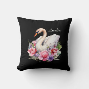 Elegant Watercolor Floral Black Swan Daughter name Throw Pillow
