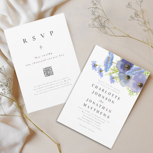Elegant Watercolor Floral Blue Wedding Qr Code Invitation