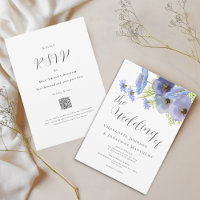 Elegant Watercolor Floral Blue Wedding Qr Code
