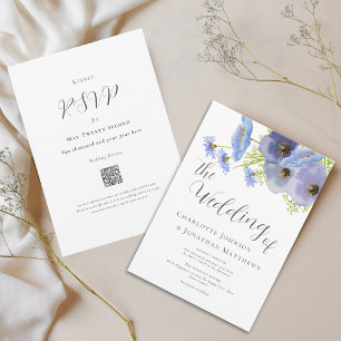 Elegant Watercolor Floral Blue Wedding Qr Code Invitation