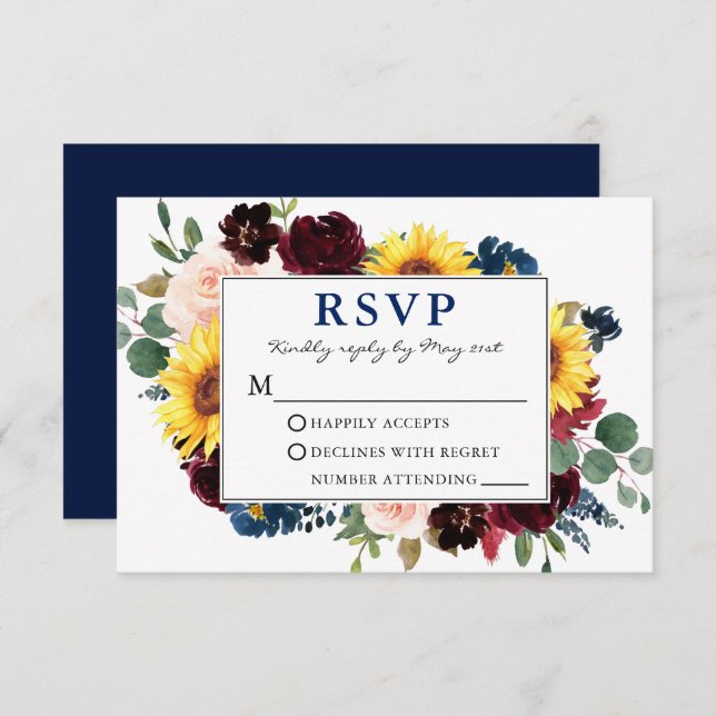 Elegant Watercolor Floral Blue Wedding RSVP (Front/Back)
