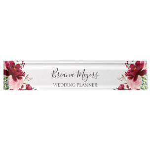 Elegant Watercolor Floral Blush Burgundy Business Nameplate