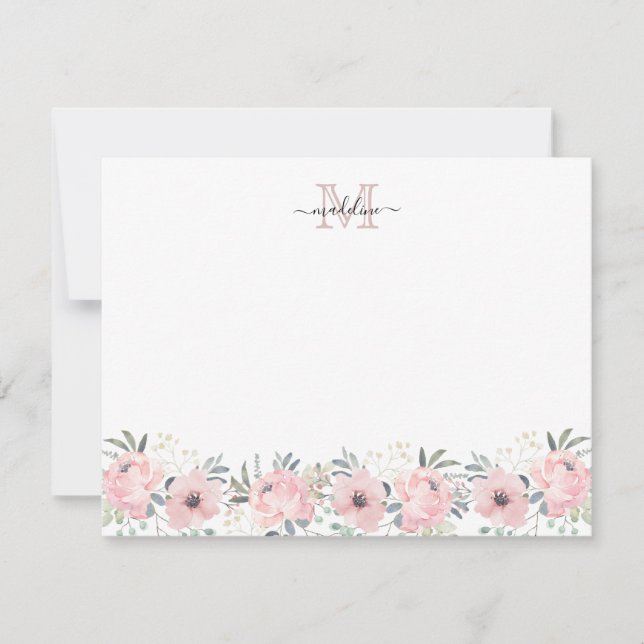 Elegant Watercolor Floral Blush Pink Monogram Card (Front)