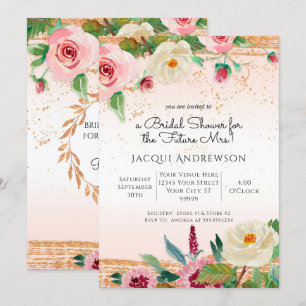 Elegant Watercolor Floral Blush Rose Gold Bridal Invitation