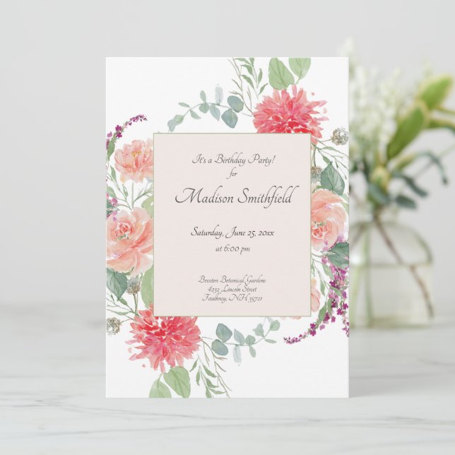 Elegant  Watercolor Floral Bouquet Birthday Invitation (Standing Front)