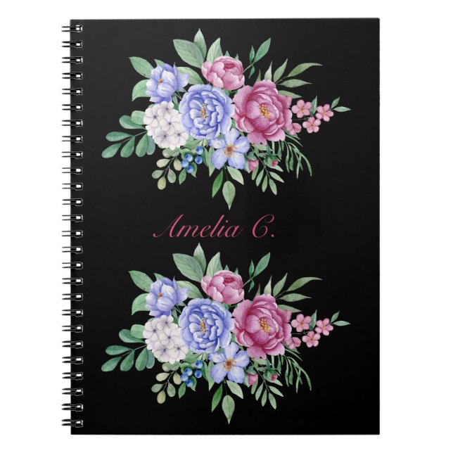 Elegant Watercolor Floral Bouquet Black Notebook (Front)