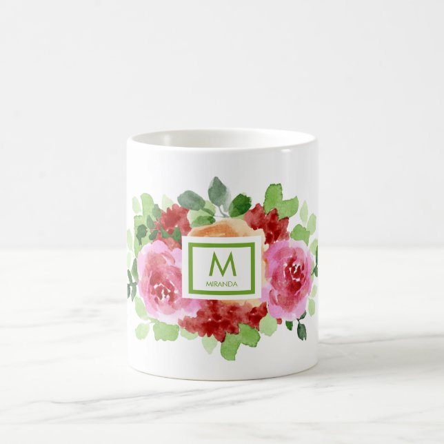 Elegant Watercolor Floral Bouquet Monogram Coffee Mug (Center)