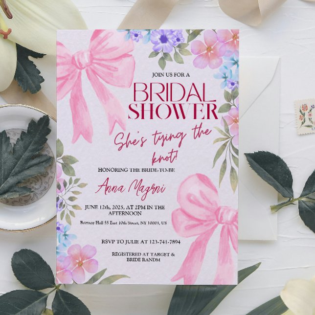 Elegant Watercolor Floral Bows Bridal Shower Fun Invitation (Elegant Watercolor Floral Bows Bridal Shower Fun)