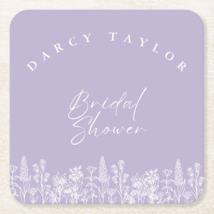 elegant,watercolor,floral,bridal shower lavender square paper coaster