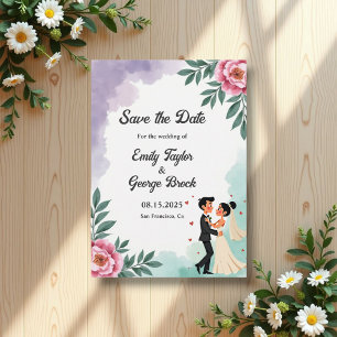 Elegant Watercolor Floral Bride And Groom Wedding Save The Date