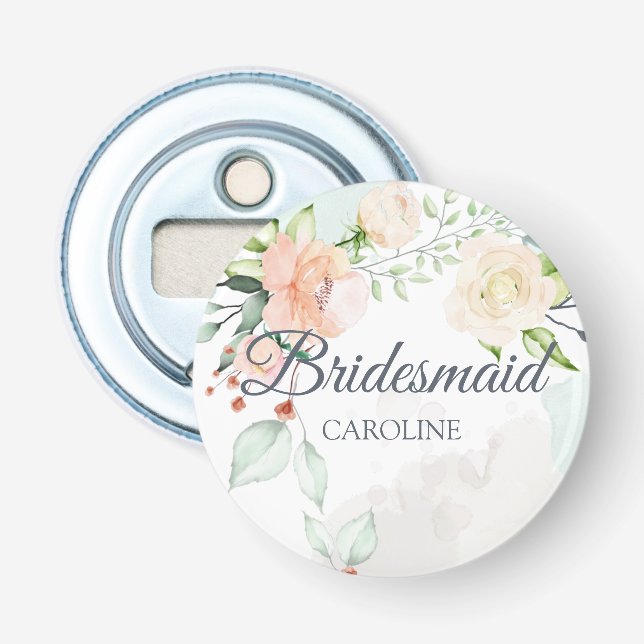 Elegant Watercolor Floral Bridesmaid Personalized Bottle Opener (Front)