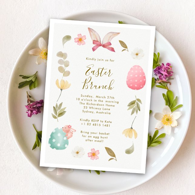 Elegant Watercolor Floral Bunny Egg Easter Brunch  Invitation (Creator Uploaded)