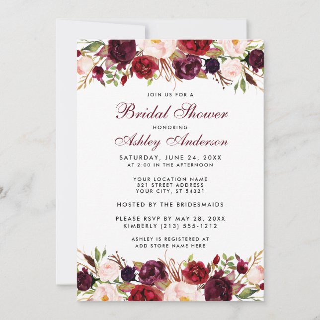 Elegant Watercolor Floral Burgundy Bridal Shower W Invitation (Front)