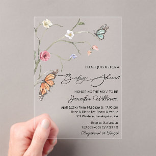 elegant watercolor floral butterflies baby shower acrylic invitations
