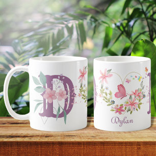 Elegant Watercolor Floral Butterfly Monogram D Coffee Mug