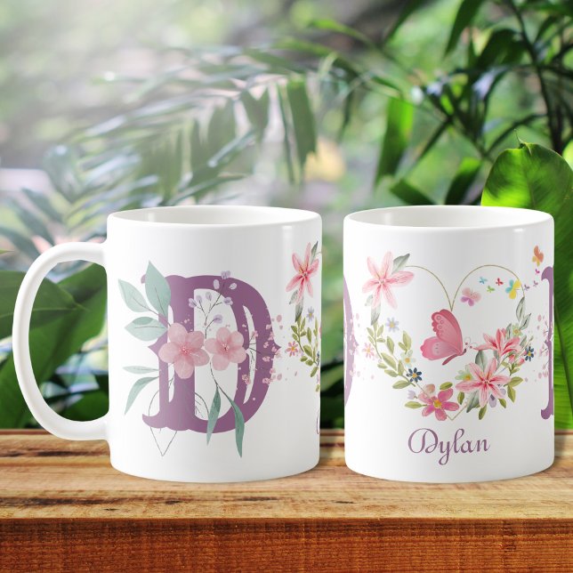 Elegant Watercolor Floral Butterfly Monogram D Coffee Mug (Creator Uploaded)