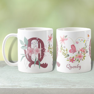 Elegant Watercolor Floral Butterfly Monogram Q Coffee Mug