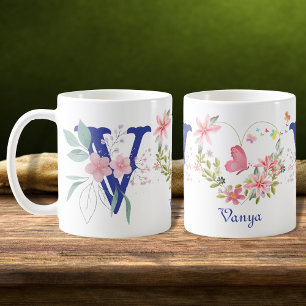 Elegant Watercolor Floral Butterfly Monogram V Coffee Mug