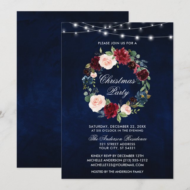 Elegant Watercolor Floral Christmas Party Lights Invitation (Front/Back)