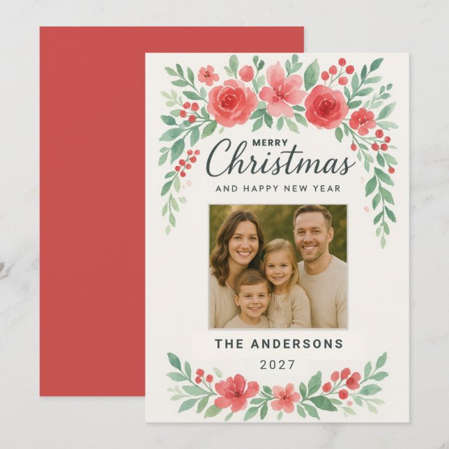 Elegant Watercolor Floral Christmas Photo Card (Front/Back)