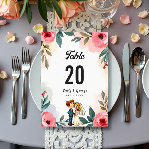 Elegant Watercolor Floral Couple Summer Wedding Table Number