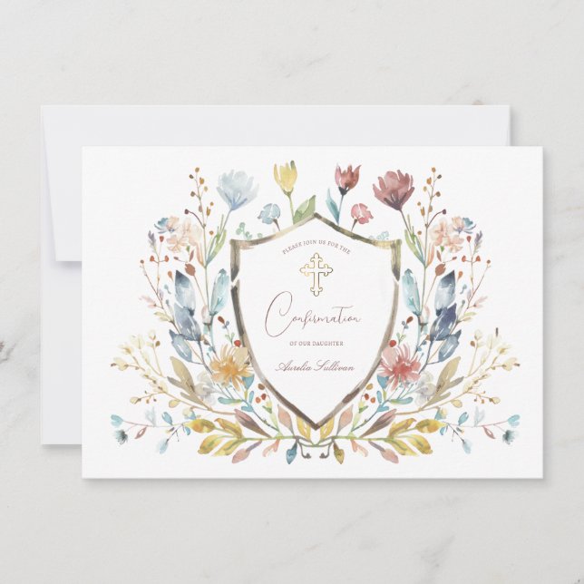 Elegant Watercolor Floral Crest Confirmation Invitation (Front)