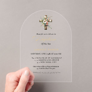 Elegant Watercolor  Floral Cross  Baptism Acrylic Invitations