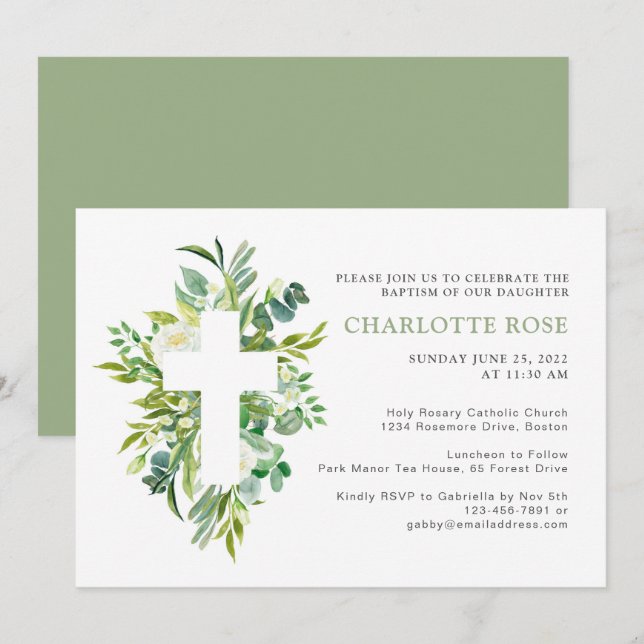 Elegant Watercolor Floral Cross Baptism Invitation (Front/Back)