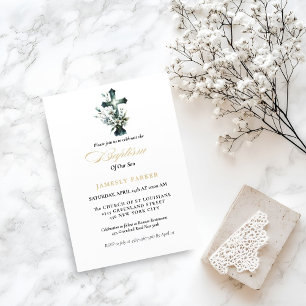 Elegant Watercolor  Floral Cross  Baptism Invitation