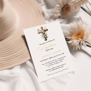 Elegant Watercolor  Floral Cross  Baptism Invitation