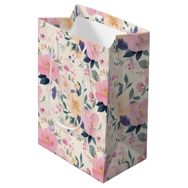 Elegant Watercolor Floral Design Pink  Medium Gift Bag (Front Angled)