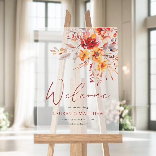 Elegant Watercolor Floral Fall Wedding Welcome Acrylic Sign (Rustic watercolor floral fall acrylic wedding welcome sign.)