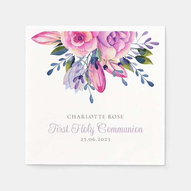Elegant Watercolor Floral First Holy Communion  Napkin (Front)